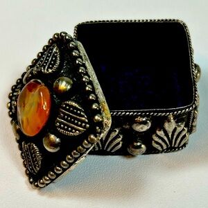 Vintage Jeweled Gemstone Carnelian Silver Plated Trinket Ring Box Middle Eastern